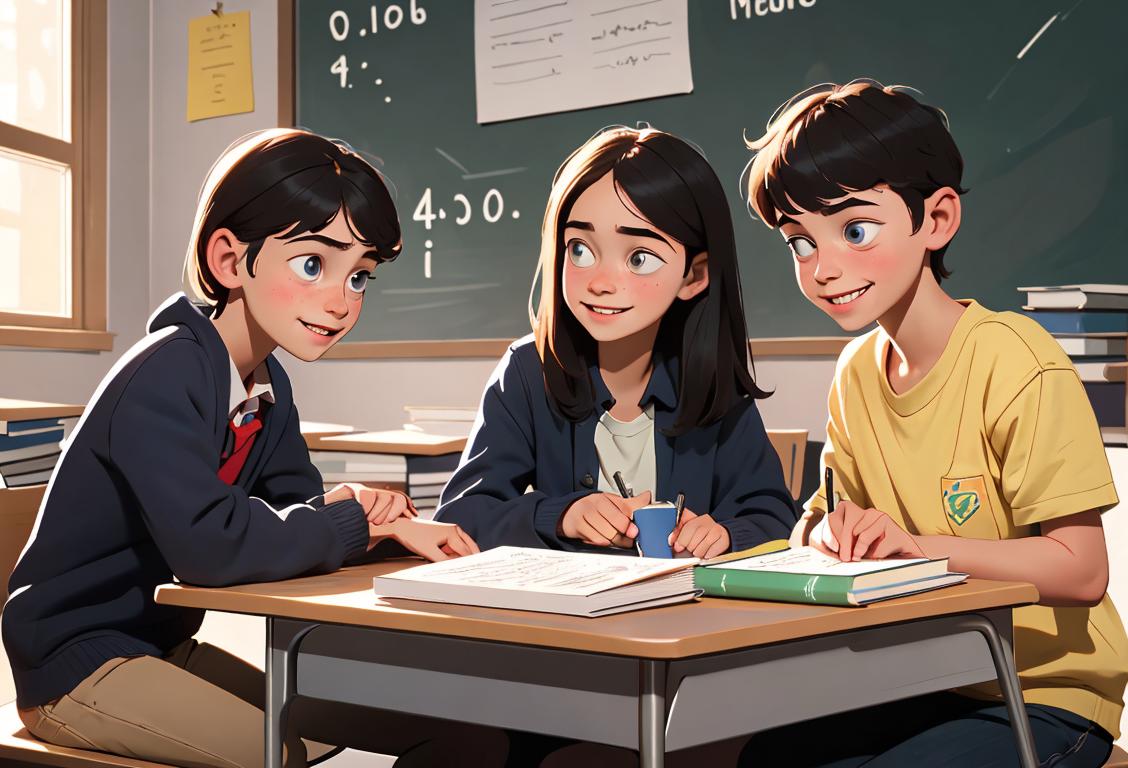 Young person wearing casual clothing, surrounded by school books, helping their family member with a smile..