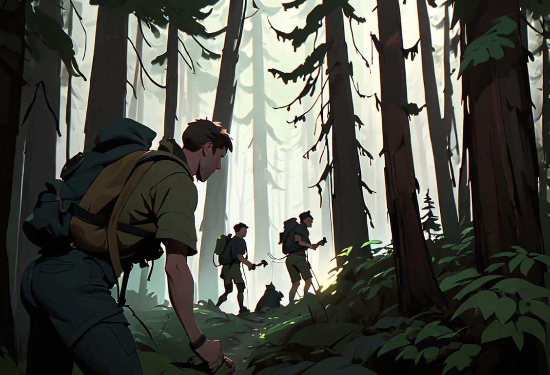 A group of friends wearing hiking gear, exploring a dark and mysterious forest, with flashlights in their hands, searching for dire creatures..