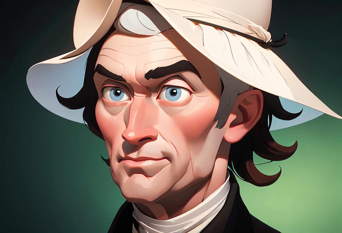 An image of a person in colonial attire exploring a virtual library, with a playful twist of wearing a modern-day emoji hat..