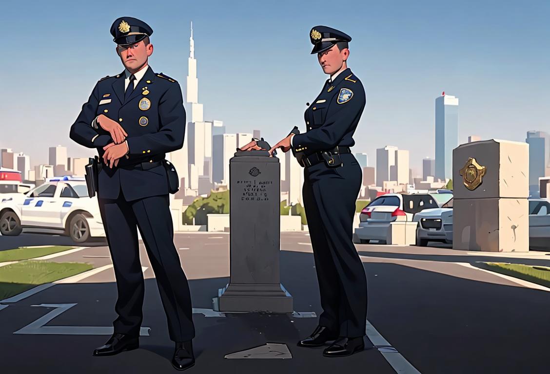 An image of a police officer in uniform, standing proudly with their hand on their badge, surrounded by a peaceful cityscape..