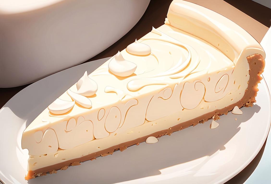 A delighted person with a white chef's hat, savoring a slice of white chocolate cheesecake, in a cozy bakery filled with sweet aromas..