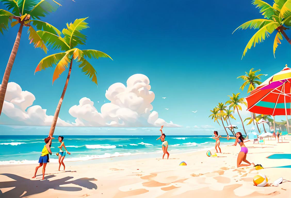 Image prompt: Happy beachgoers wearing colorful swimsuits and floppy hats, playing beach volleyball, surrounded by palm trees and turquoise waves..