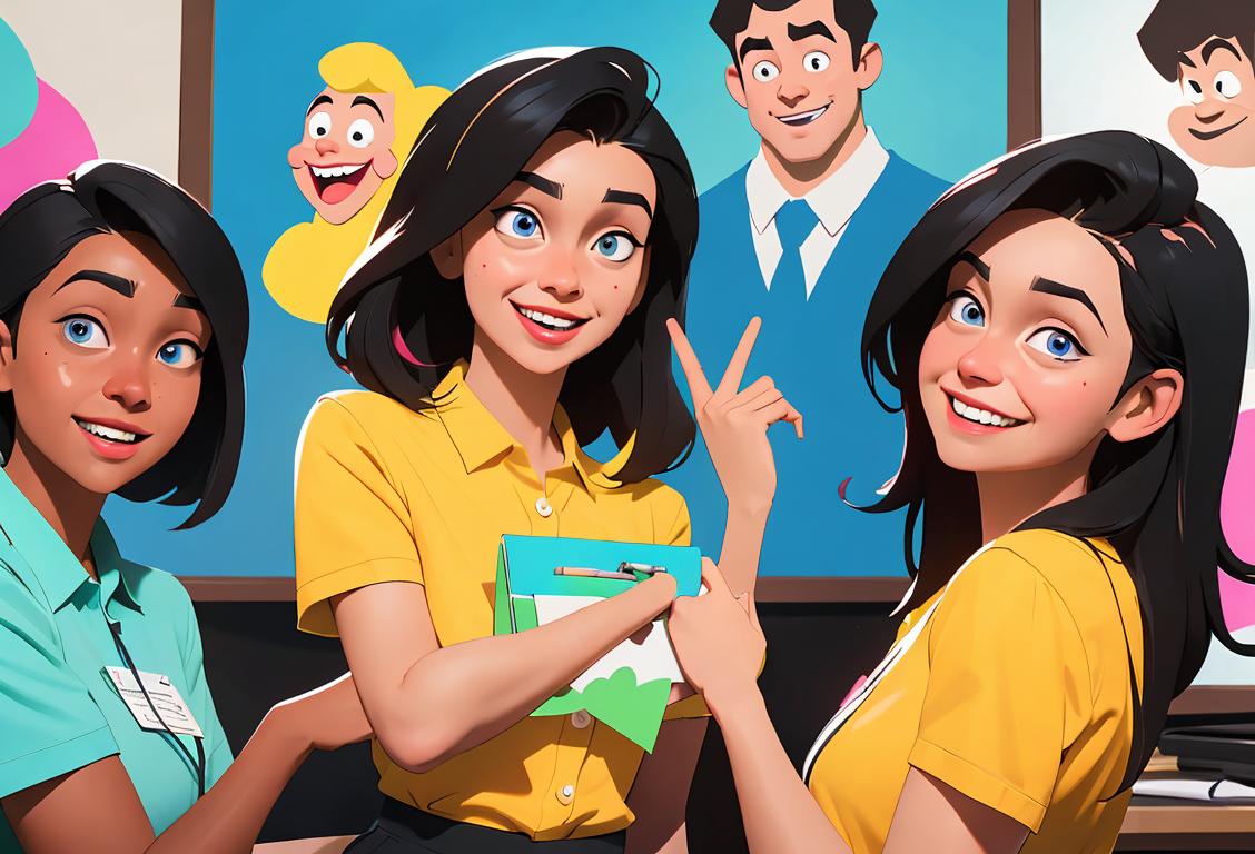 A group of smiling student employees wearing colorful shirts, helping and interacting with customers in a vibrant and bustling office environment..