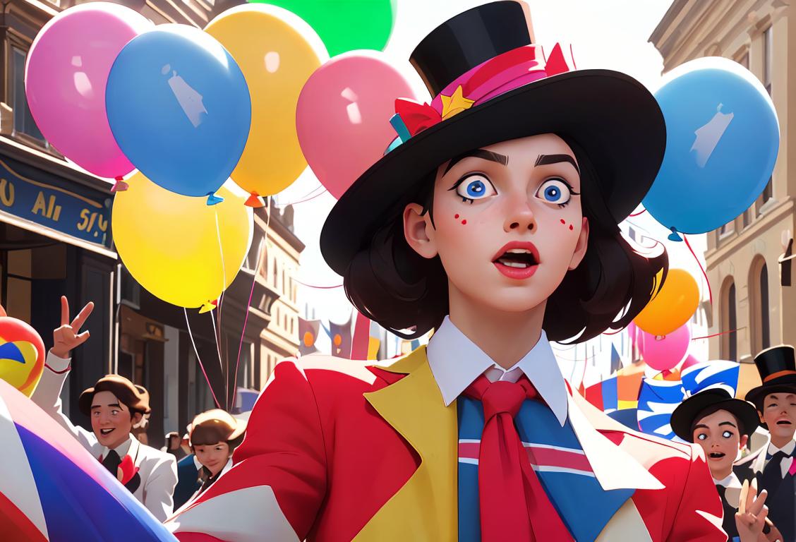 Beaming young person wearing a flag-themed top hat, with vibrant balloons in a lively street parade, celebrating the International Day in style!.