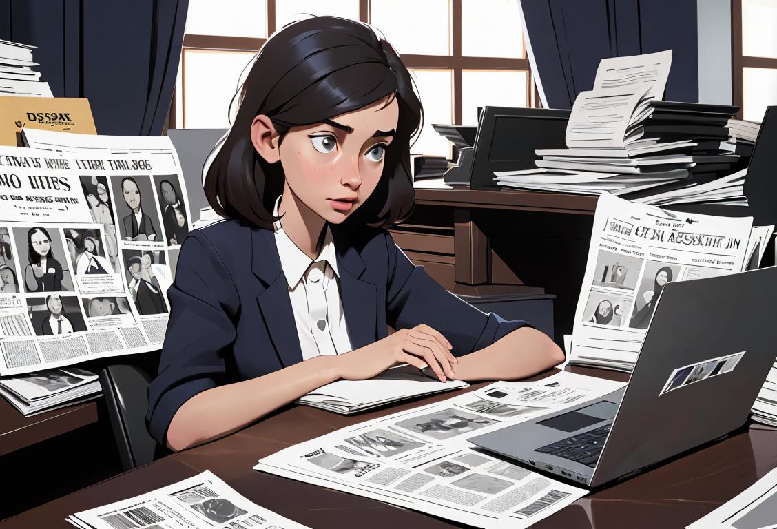 A young girl in a newsroom, wearing a press badge and typing on a laptop, surrounded by newspapers and headlines, capturing the hustle of national news within a day..