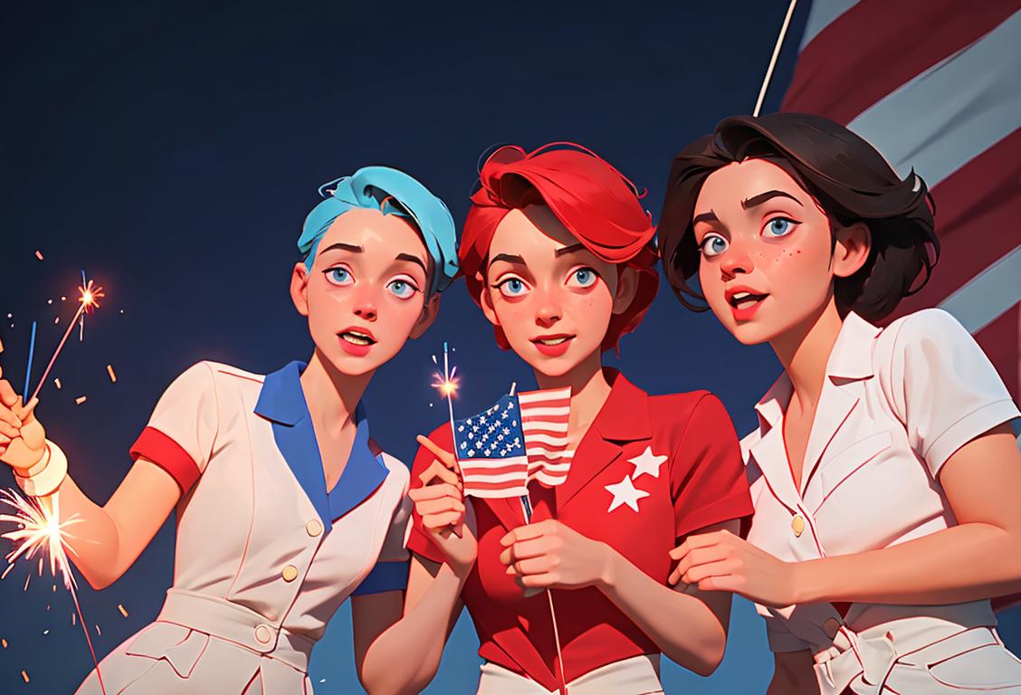 Happy people in red, white, and blue outfits, holding sparklers, with an American flag in the background, celebrating National Independence Day..