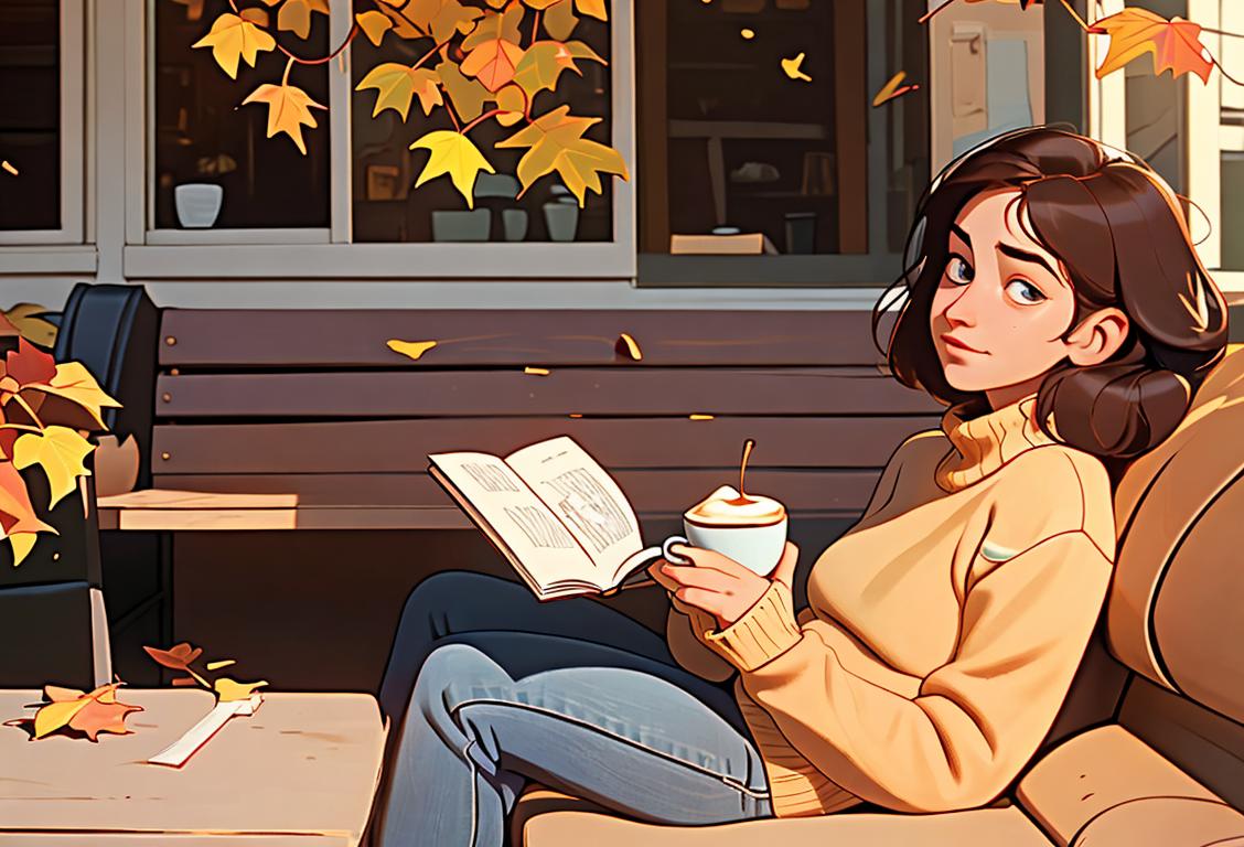 Excited young reader curled up with a paperback, cozy sweater, autumn leaves falling outside, peaceful coffee shop ambiance..
