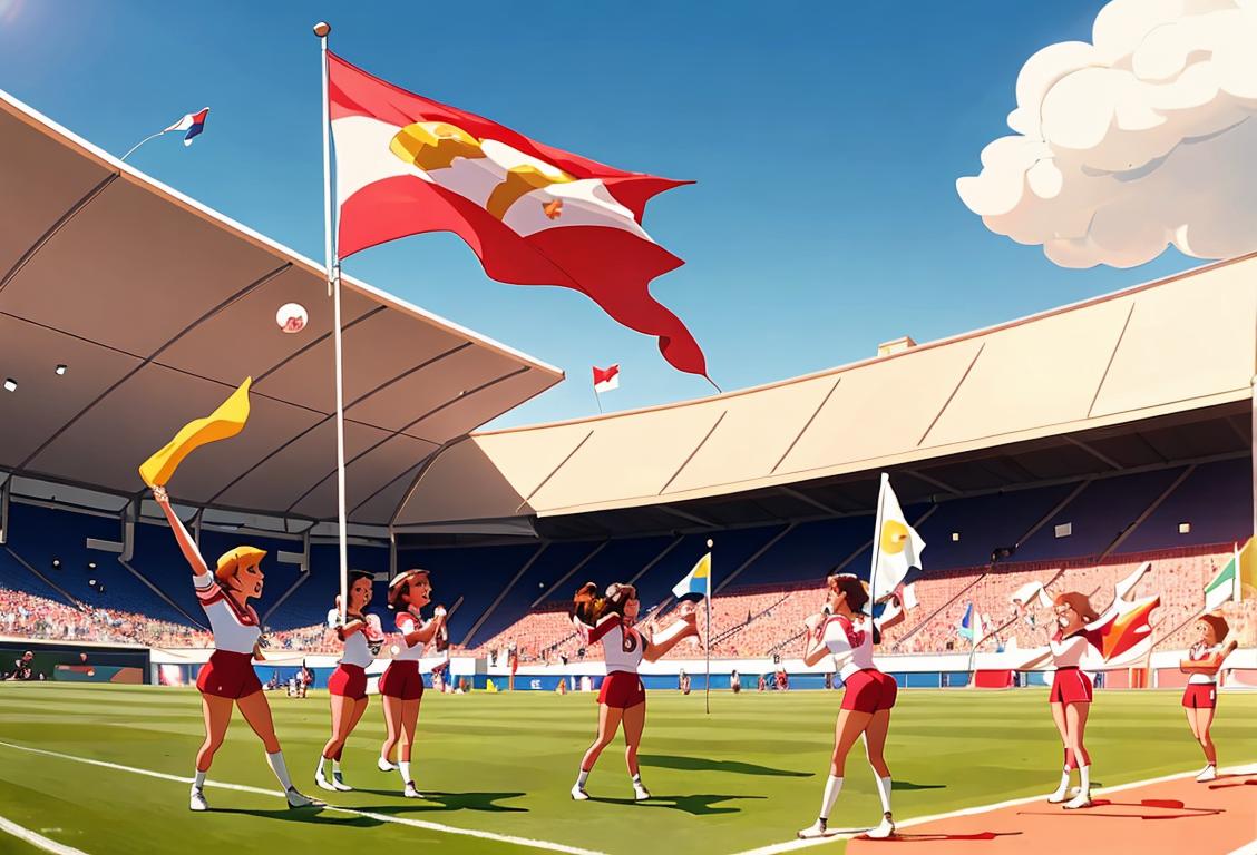 A group of athletes, dressed in vibrant team uniforms, celebrating in a stadium after winning their club championships. Sun shining, flags waving, and a sense of accomplishment in the air..