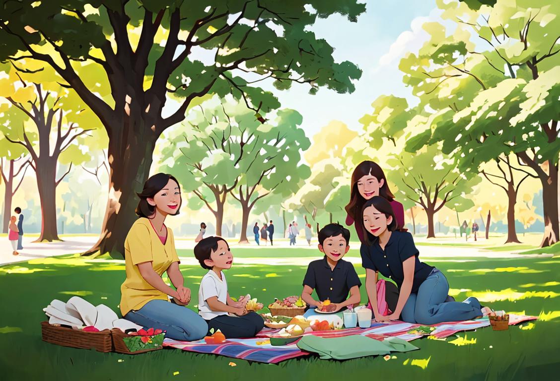 A diverse group of people, dressed in casual clothing, enjoying a picnic in a beautiful park surrounded by nature..