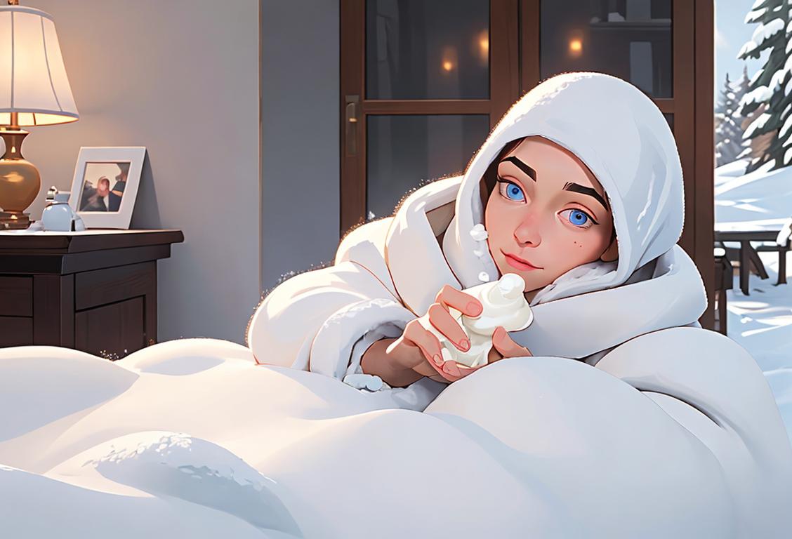 A person bundled up in winter clothing, applying lotion to their hands, surrounded by a snowy landscape and cozy home interior..