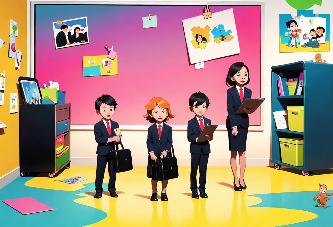 A group of cheerful children in professional attire, surrounded by office supplies and holding briefcases, against a colorful backdrop of workplace scenes..