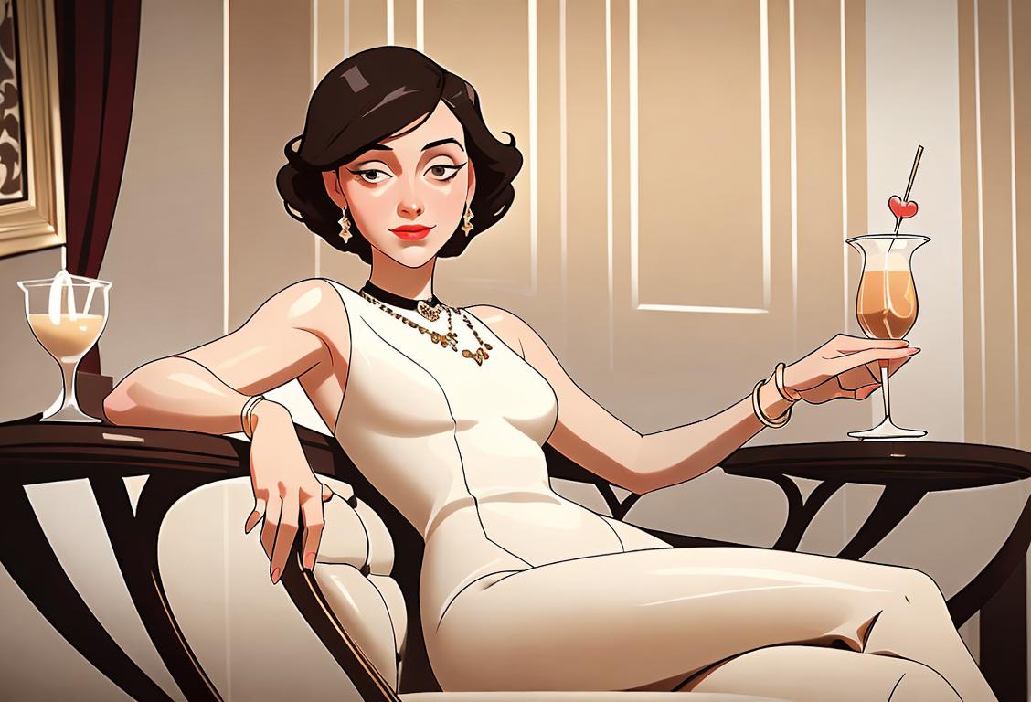 Sophisticated individual sipping on a creamy cocktail, feeling like a 1920s socialite, surrounded by elegant art deco decor..