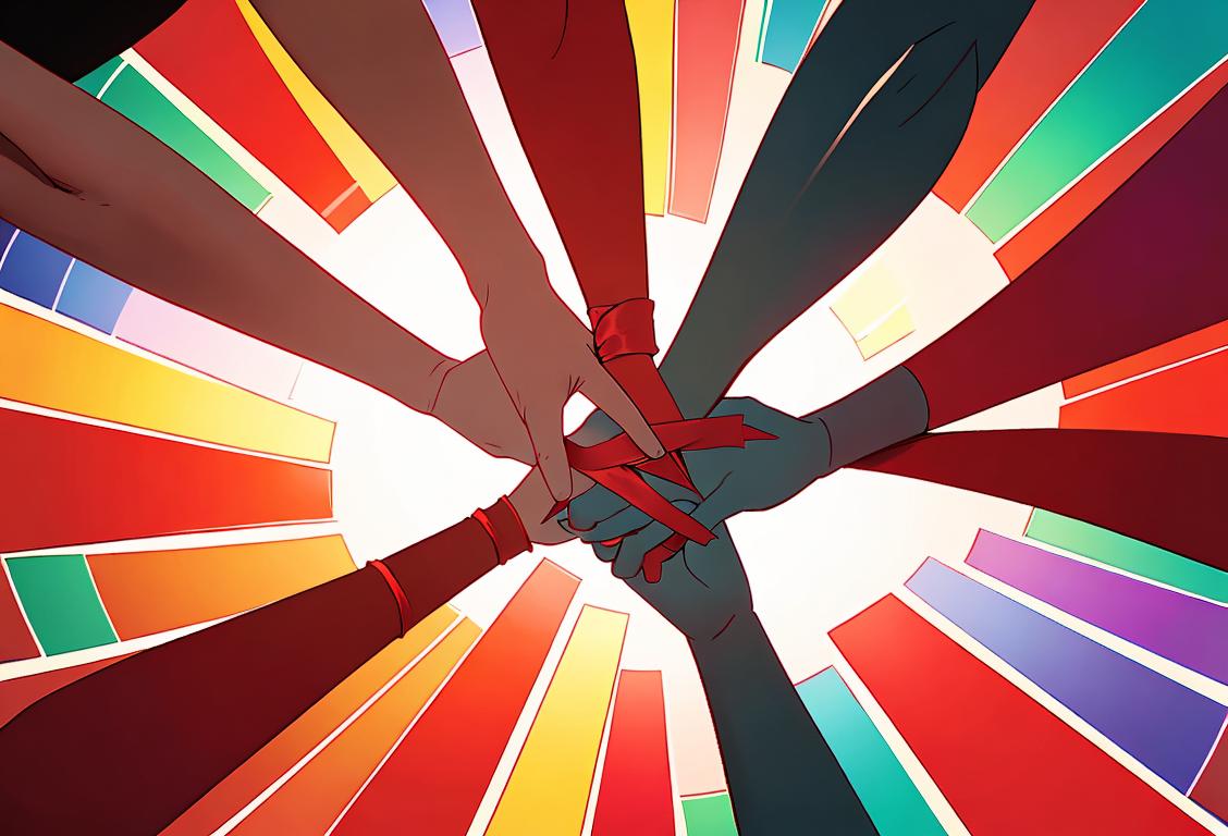 Diverse group of people wearing red ribbons, holding hands in support, against a backdrop of a colorful mosaic..