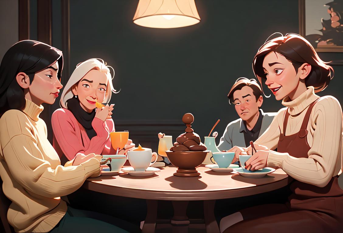 A joyful group of ex ex enthusiasts gathered around a table, sipping hot drinks, wearing cozy sweaters, immersed in a lively conversation..