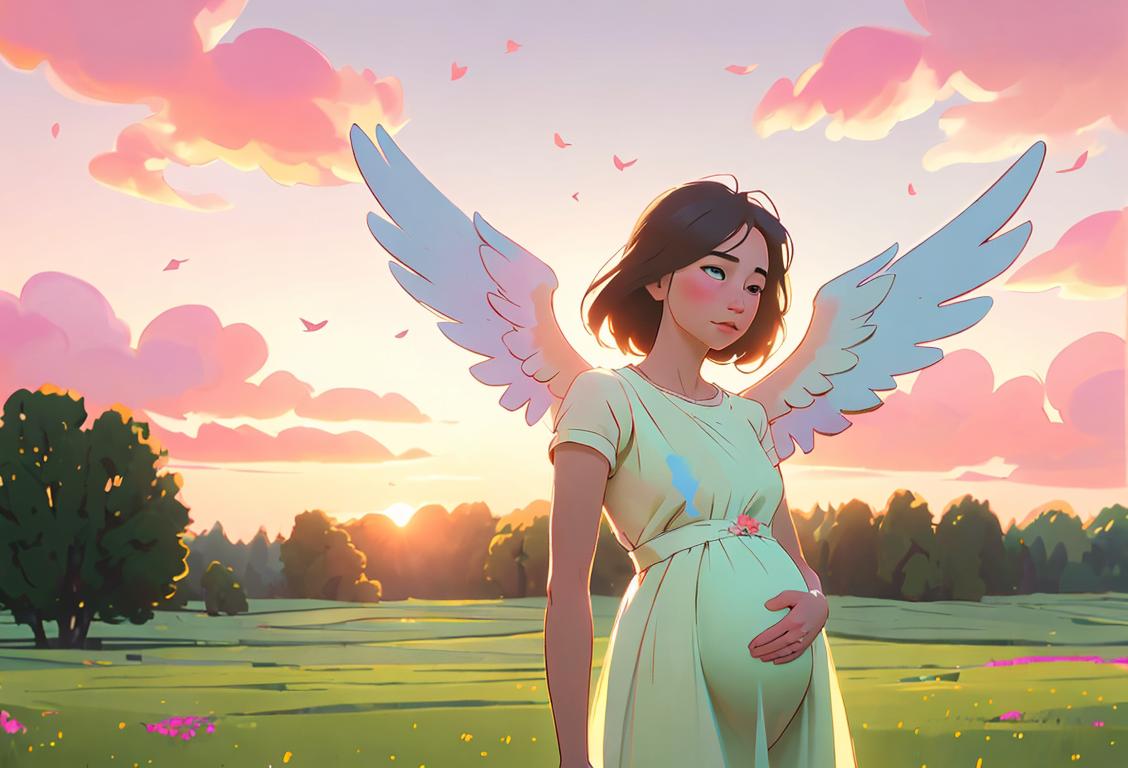 A serene meadow scene with a colorful sunrise, featuring a pair of angel wings surrounded by delicate flowers, symbolizing love and remembrance..