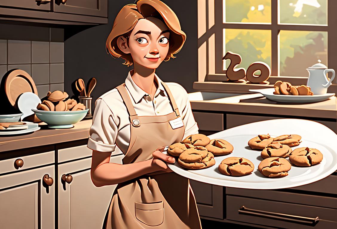A person wearing an apron joyfully holding a tray of freshly baked peanut butter cookies, with a cozy kitchen backdrop and a classic vintage touch..
