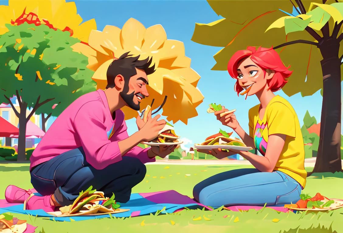 Happy couple sharing a taco, dressed in vibrant colors, enjoying a picnic in a sunny park..