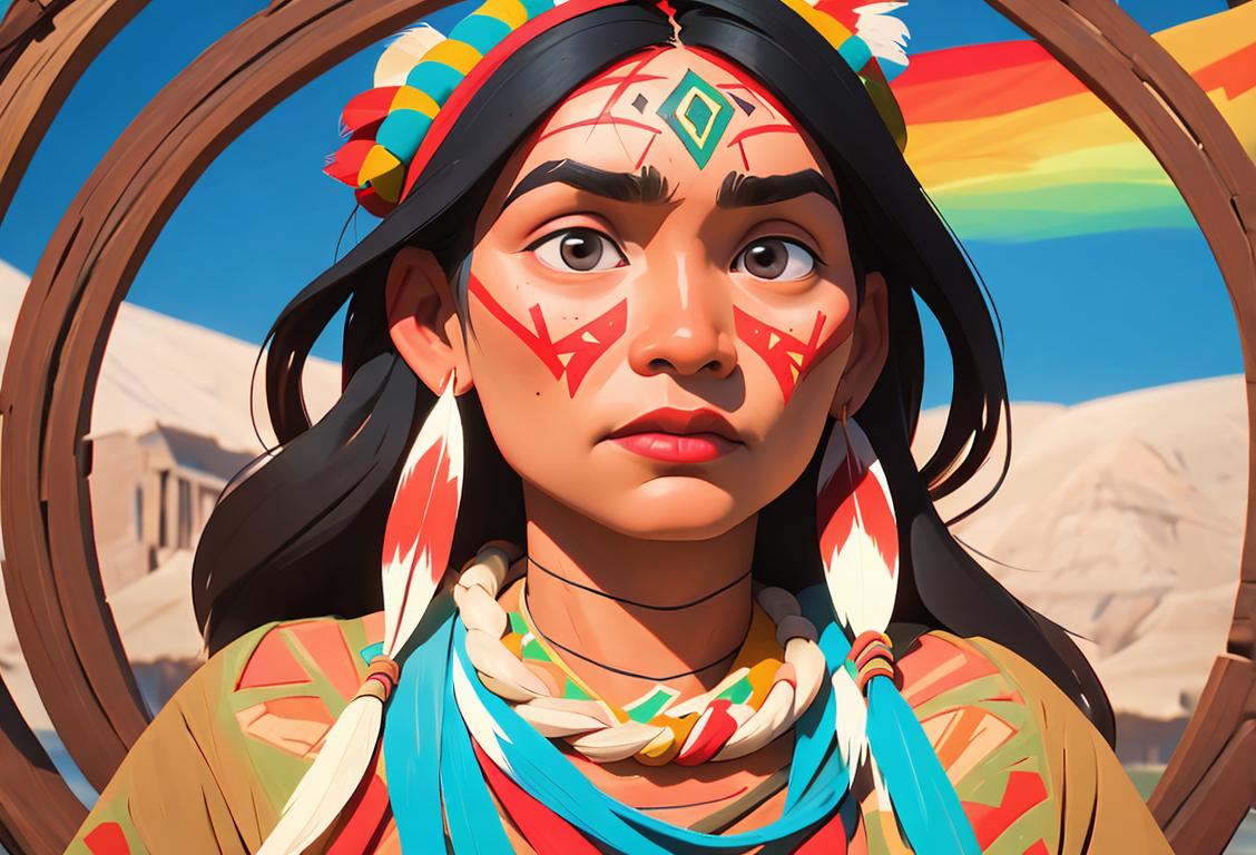 A group of diverse Indigenous people from around the world, wearing vibrant traditional clothing and surrounded by symbols of their culture and heritage..