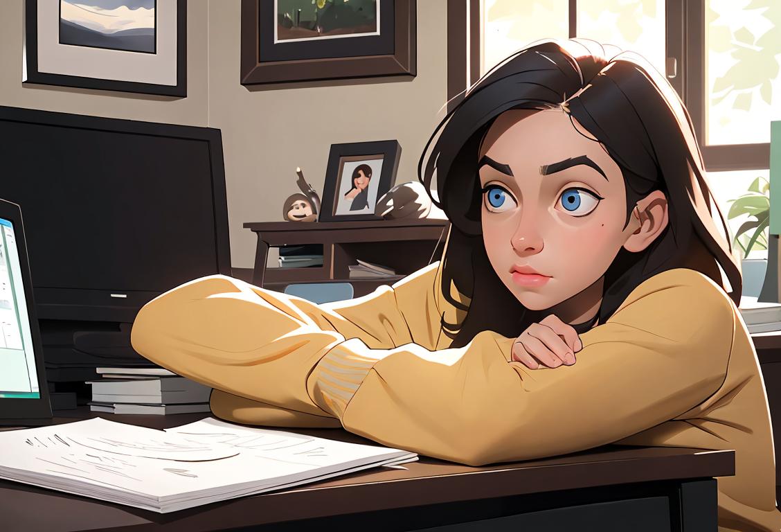 Young person sitting at a computer desk, looking overwhelmed with a pile of unanswered emails, wearing casual attire, cozy home office setting..