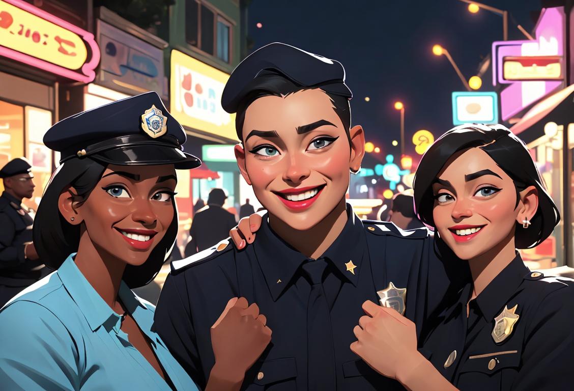 A diverse group of community members engaging in activities with police officers in a vibrant neighborhood setting, showcasing a mix of fashion styles and happy faces..