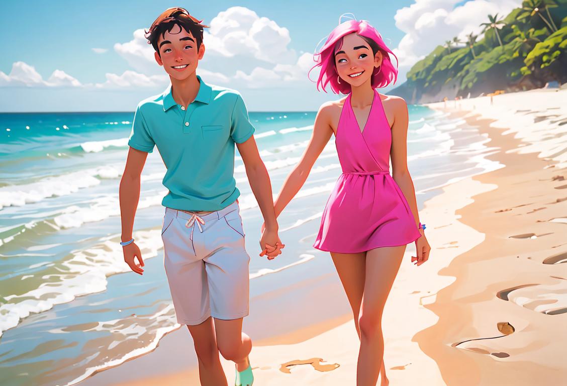 Young adult couple smiling while holding hands, walking towards a serene beach, wearing swimsuits with vibrant colors and beach accessories..