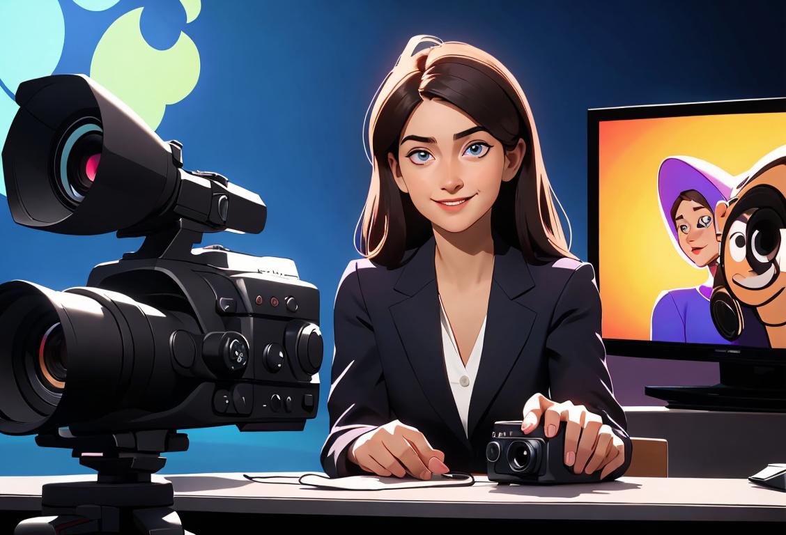 Young person sitting in a TV studio, in a professional outfit, confidently smiling with microphones and cameras in the background..