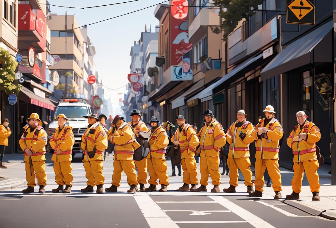 A group of diverse people in trendy clothing standing in a city street, holding emergency kits and demonstrating earthquake safety measures..