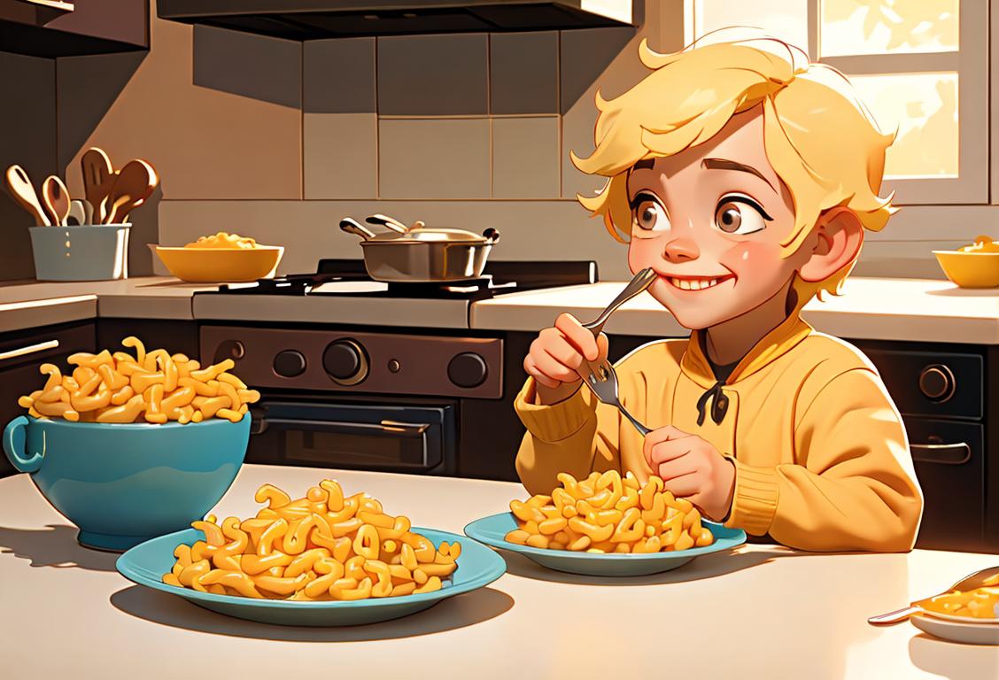 A smiling child, holding a fork and surrounded by colorful macaroni and cheese dishes, in a cozy home kitchen setting..