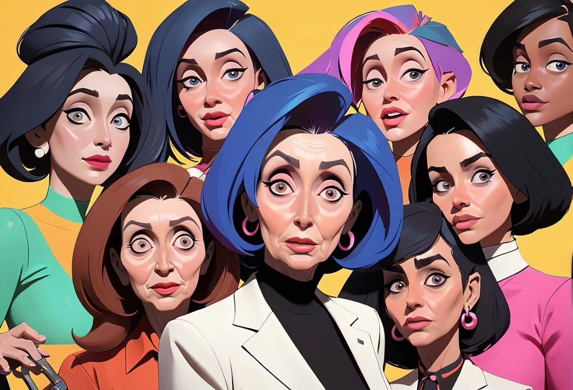 A diverse group of people with different hairstyles, holding hair styling tools and surrounded by colorful hair products, celebrating National Nancy Pelosi Hair Day..