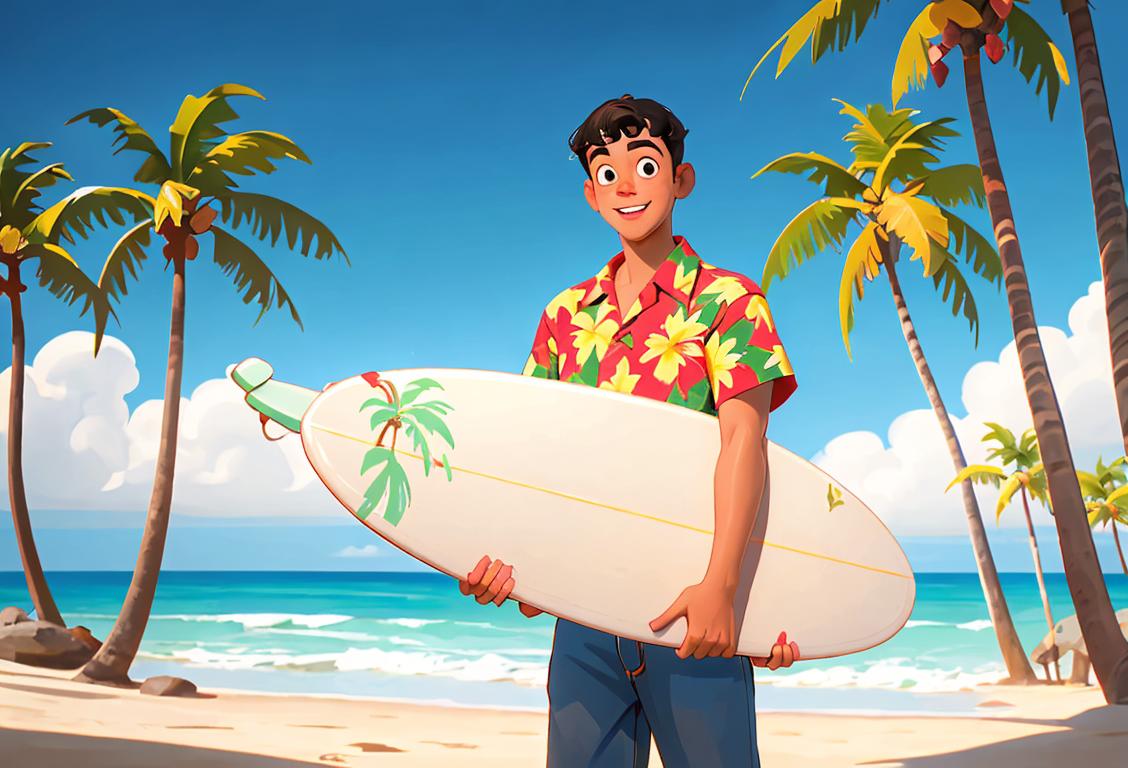 A cheerful young man named Donny, wearing a Hawaiian shirt, holding a surfboard, standing on a sunny beach surrounded by palm trees and seagulls..