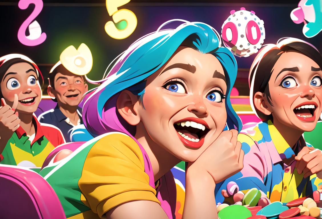 Group of diverse people in a lively bingo hall, filled with excitement and colorful daubers, wearing casual outfits, joyful expressions on their faces..