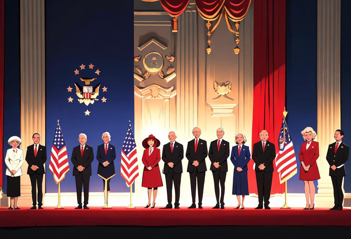 A diverse group of people, dressed in formal attire, standing in front of the American flag, applauding the achievements of past presidents..
