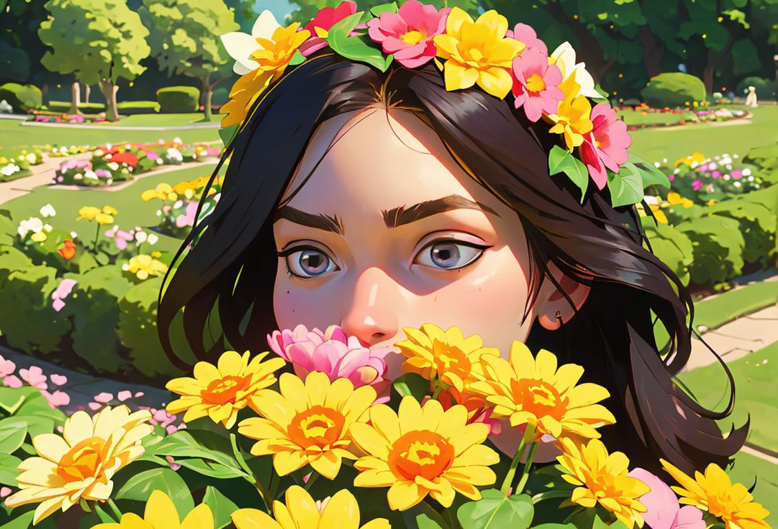 Person wearing a flower crown, smelling a bouquet of colorful flowers in a peaceful garden setting..