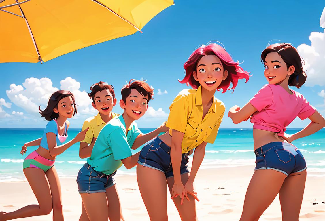 A group of friends playfully posing together with big smiles, wearing colorful shirts, summer beach setting..