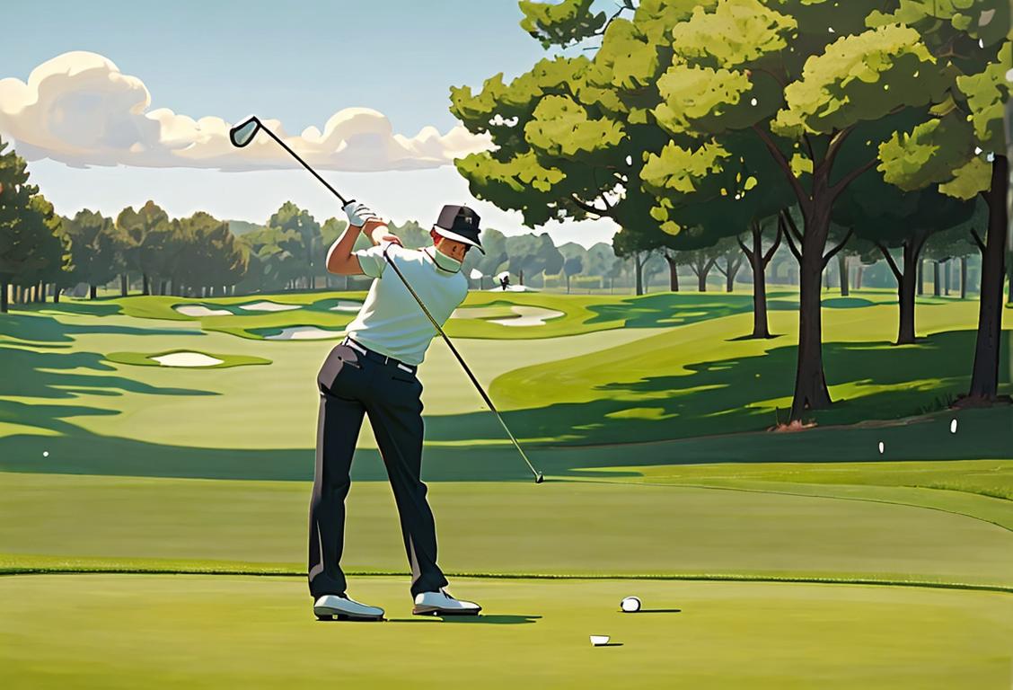 Mature person swinging golf club, dressed in classic golf attire, beautiful green golf course backdrop, sunny weather..