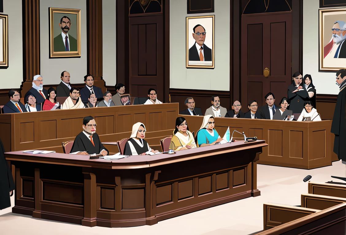 Group of people in a courtroom, discussing the National Herald case, wearing formal attire, with an Indian legal setting..