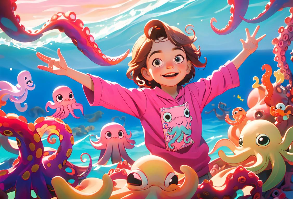 A smiling child with outstretched arms, surrounded by colorful octopus toys and a sea-themed backdrop..
