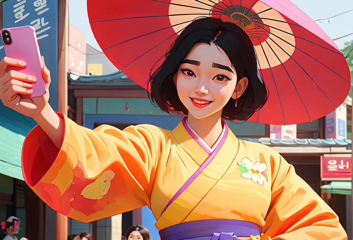 Young woman taking a selfie with a big smile, wearing a colorful hanbok, traditional Korean fashion, Korean city scene..