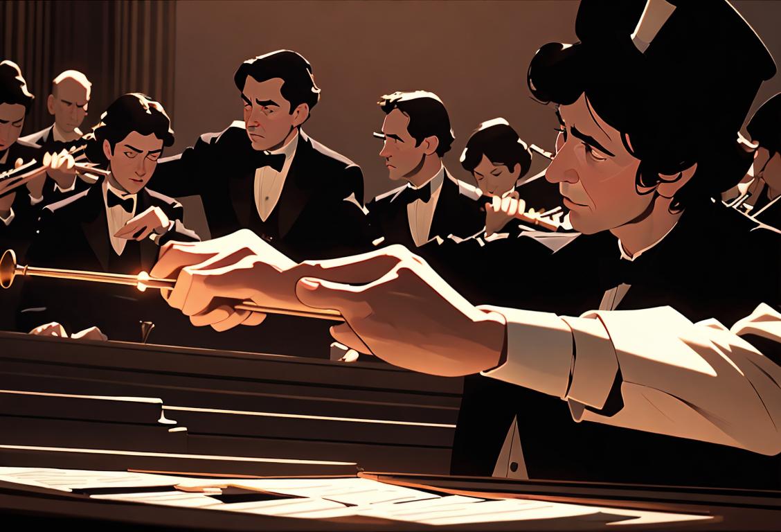 Close-up of a conductor's hand holding a baton, surrounded by a symphony orchestra, silhouetted against a backdrop of film projectors..