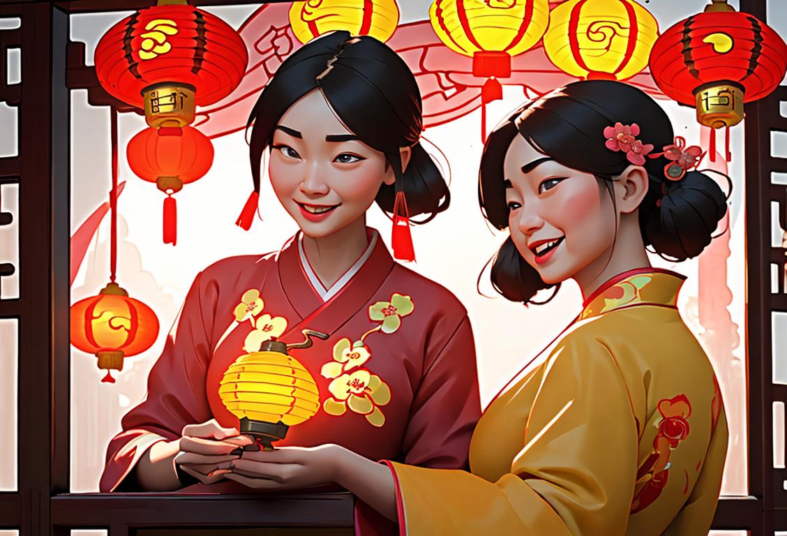 Happy people in traditional Chinese clothing, holding lanterns and enjoying a vibrant festival atmosphere in a beautiful Chinese garden..