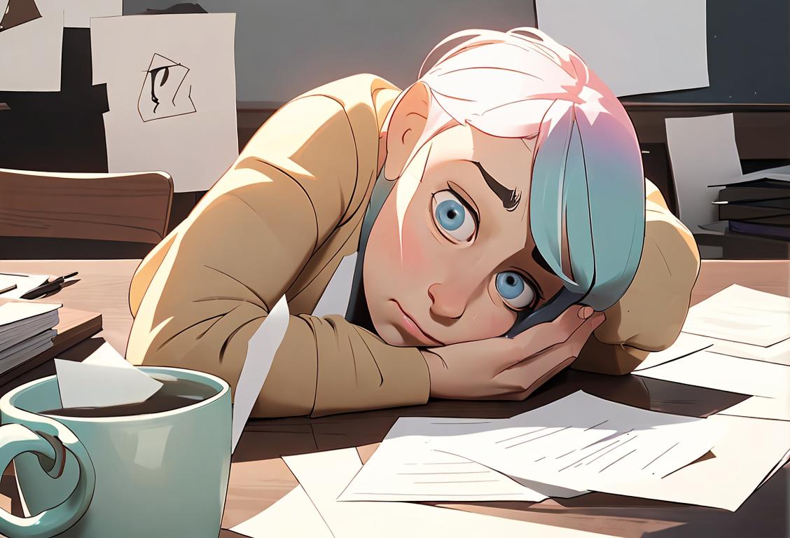 A person sitting at a desk, surrounded by crumpled paper and an empty coffee cup, looking overwhelmed and stressed with a supportive friend offering a comforting pat on the back..