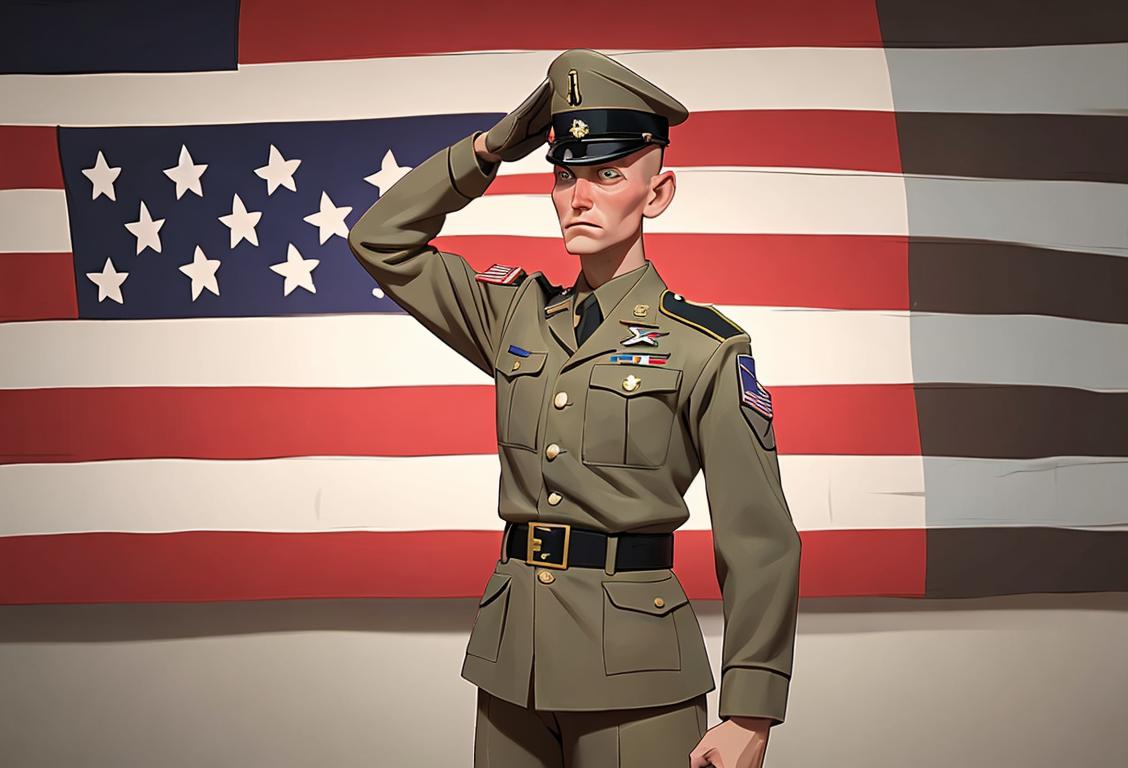 A brave soldier standing tall, wearing a camouflaged uniform, saluting in front of an American flag backdrop..