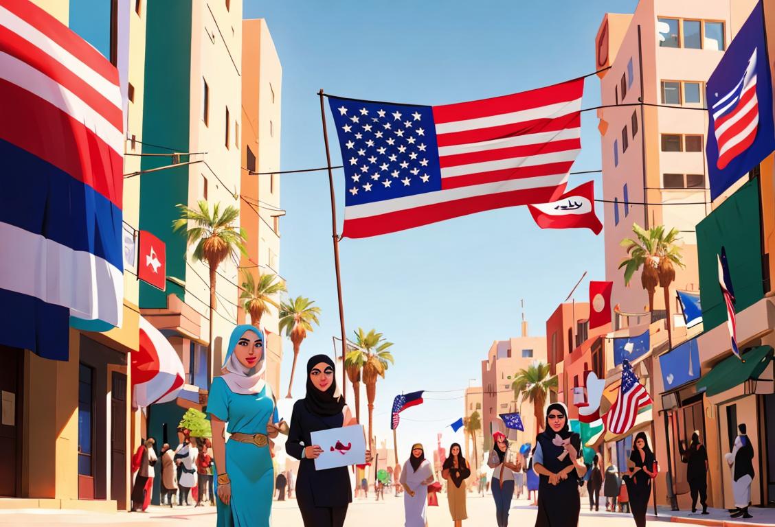 A diverse group of Arab American voters wearing vibrant clothes, embracing their culture, with a backdrop of an American flag and a bustling city street..