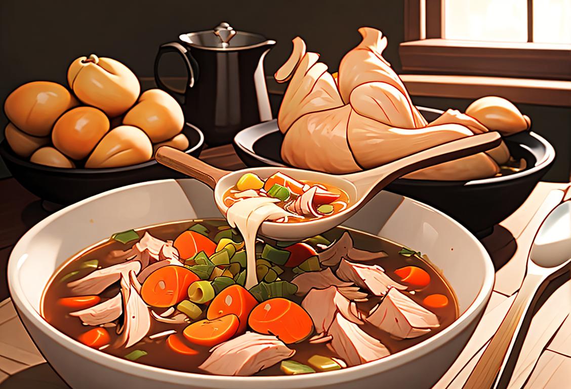 Happy person enjoying a bowl of savory turkey neck soup, surrounded by cozy kitchen decor and rustic cooking utensils..