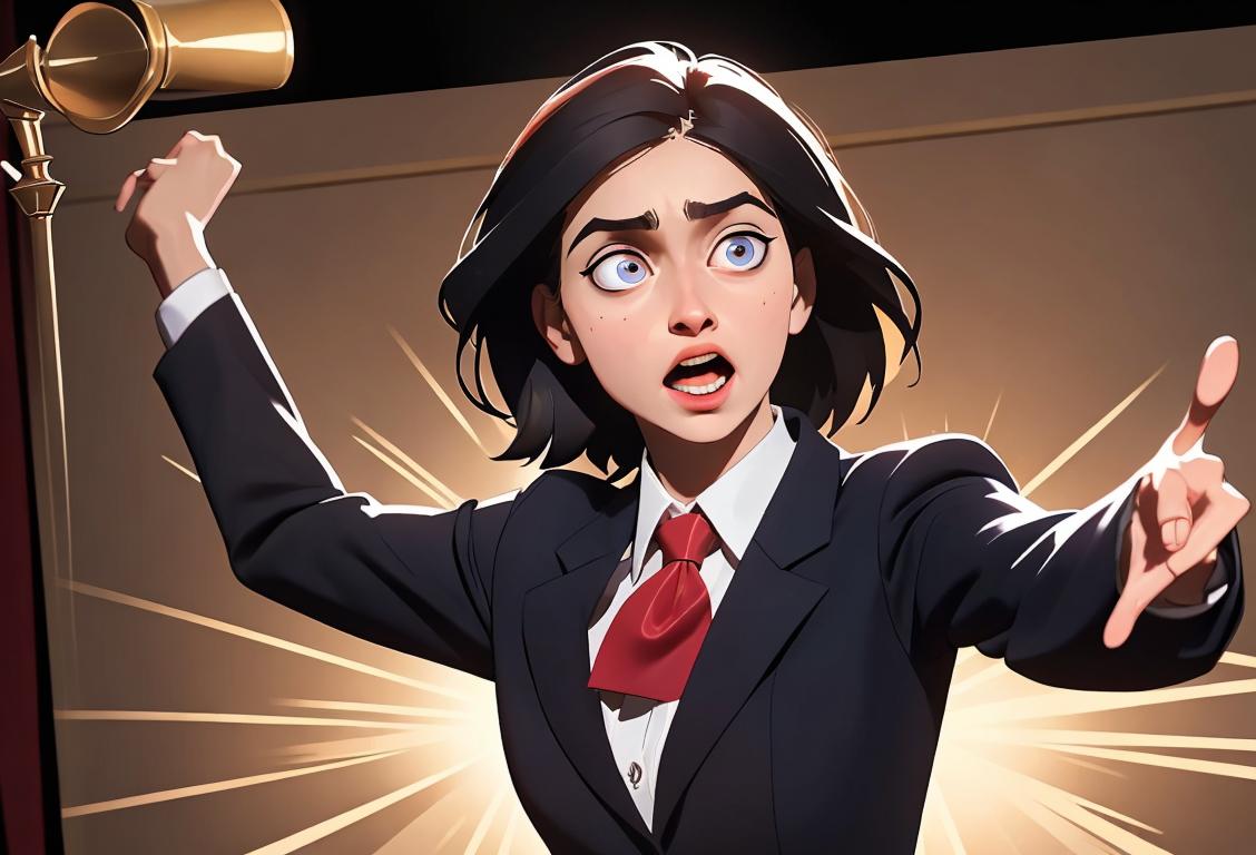 Bright-eyed and enthusiastic debater passionately delivering an argument on a stage, dressed in professional attire, surrounded by a diverse audience..