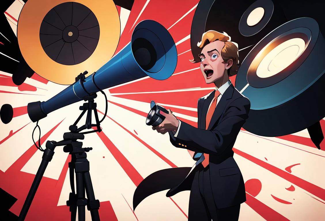 Happy director holding a megaphone, wearing a classic suit and tie, surrounded by a bustling film set..