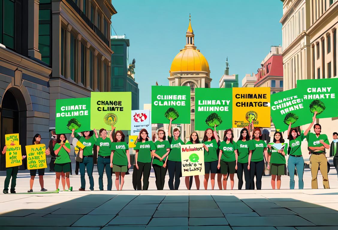 Beautiful image of diverse group of people standing together, wearing green shirts, holding signs about climate change, outside city hall..