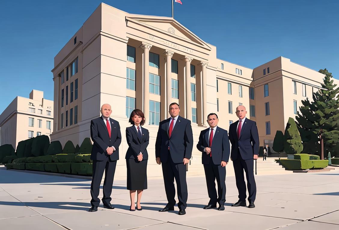 Group of diverse individuals in professional attire, standing confidently near a government building, ready to protect and preserve national security..