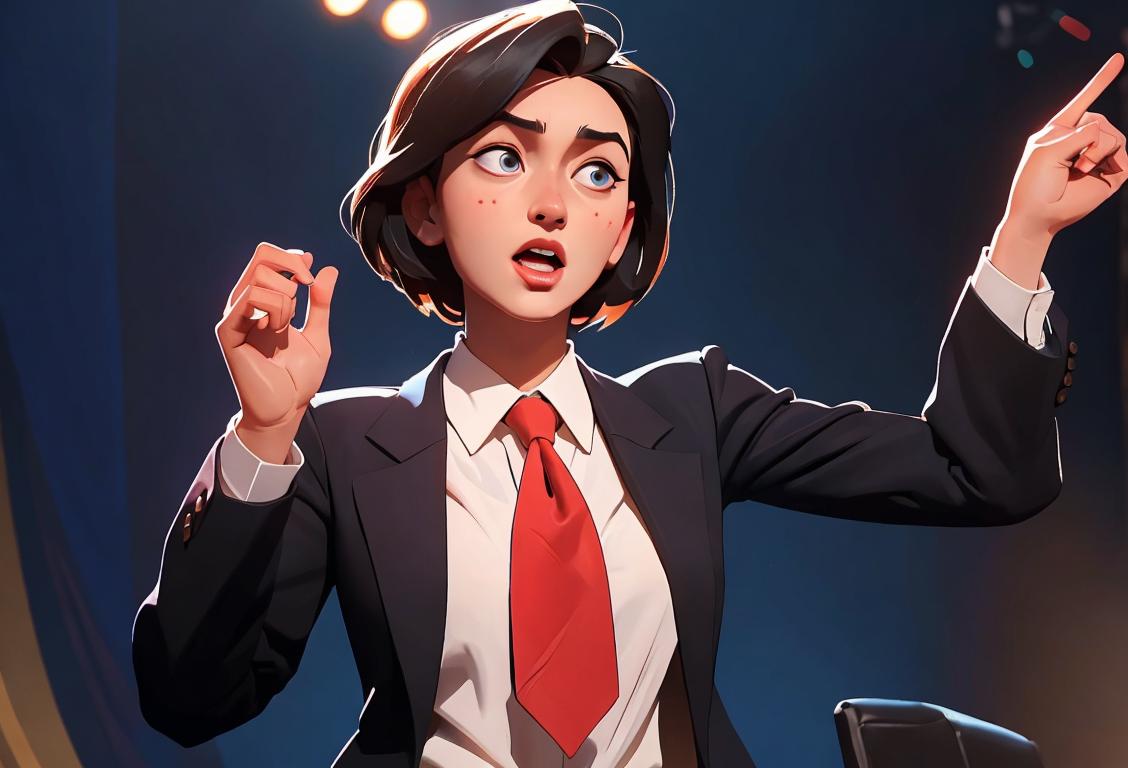 Young leader speaking confidently on a stage, wearing a blazer, with a diverse audience cheering on..