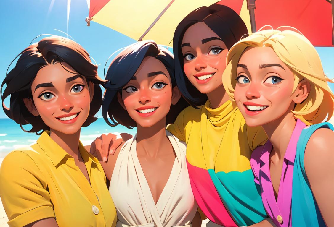 A group of diverse friends smiling and embracing each other, wearing colorful and stylish outfits, enjoying a sunny beach scene..